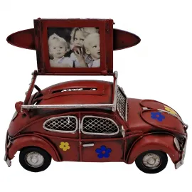 Vintage Vosvos Metal Araba Kumbara ve Fotoğraf Çerçevesi - Çiçek Desenli Nostaljik Dekor