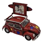 Vintage Vosvos Metal Araba Kumbara ve Fotoğraf Çerçevesi - Çiçek Desenli Nostaljik Dekor