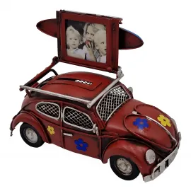 Vintage Vosvos Metal Araba Kumbara ve Fotoğraf Çerçevesi - Çiçek Desenli Nostaljik Dekor