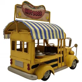 Vintage Sarı Metal Hot Dog Otobüs Modeli - Retro Fast Food Temalı Dekoratif Figür