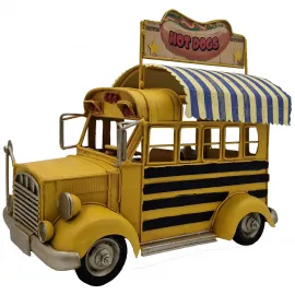 Vintage Sarı Metal Hot Dog Otobüs Modeli - Retro Fast Food Temalı Dekoratif Figür