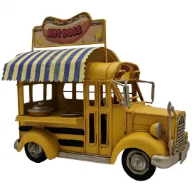 Vintage Sarı Metal Hot Dog Otobüs Modeli - Retro Fast Food Temalı Dekoratif Figür