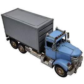 Vintage Mavi Dev: El Yapımı Metal Dekoratif Konteyner Tır & Dorseli Kamyon Modeli