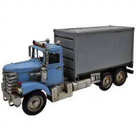 Vintage Mavi Dev: El Yapımı Metal Dekoratif Konteyner Tır & Dorseli Kamyon Modeli