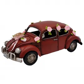 Vintage Kırmızı Vosvos Metal Araba Dekoratif Figür - Pembe Güllü Gelin Arabası