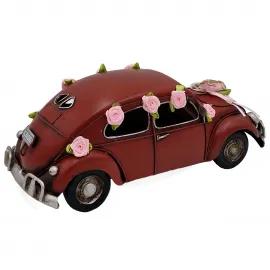 Vintage Kırmızı Vosvos Metal Araba Dekoratif Figür - Pembe Güllü Gelin Arabası