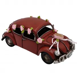 Vintage Kırmızı Vosvos Metal Araba Dekoratif Figür - Pembe Güllü Gelin Arabası
