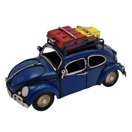 Küçük Boy Dekoratif Metal Eskitme Mavi Vosvos Araba - Vintage Biblo