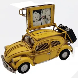 Küçük Boy Vintage Sarı Vosvos Araba Kumbara ve Çerçeveli Dekoratif Metal Biblo