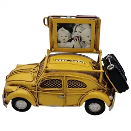 Küçük Boy Vintage Sarı Vosvos Araba Kumbara ve Çerçeveli Dekoratif Metal Biblo