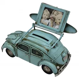 Vintage Mavi Sörf Tahtalı Vosvos Araba Kumbara ve Çerçeveli Dekoratif Metal Biblo