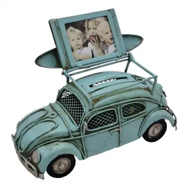 Vintage Mavi Sörf Tahtalı Vosvos Araba Kumbara ve Çerçeveli Dekoratif Metal Biblo