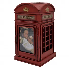 Londra Telefon Kulübesi Çerçeveli Metal Kalemlik - Dekoratif Masa Üstü Organizer
