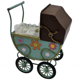 Vintage Metal Bebek Arabası Dekorasyonu - El Boyaması Çiçekli Minyatür Model