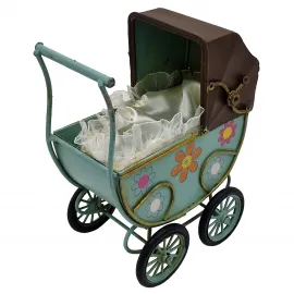 Vintage Metal Bebek Arabası Dekorasyonu - El Boyaması Çiçekli Minyatür Model
