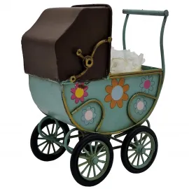 Vintage Metal Bebek Arabası Dekorasyonu - El Boyaması Çiçekli Minyatür Model