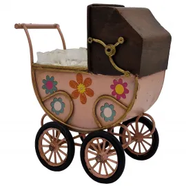 Nostaljik Pembe Metal Dekoratif Bebek Arabası | Vintage Ev Ofis Dekorasyonu