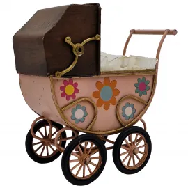 Nostaljik Pembe Metal Dekoratif Bebek Arabası | Vintage Ev Ofis Dekorasyonu