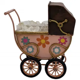 Nostaljik Pembe Metal Dekoratif Bebek Arabası | Vintage Ev Ofis Dekorasyonu