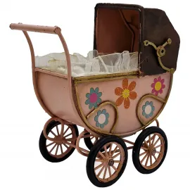 Nostaljik Pembe Metal Dekoratif Bebek Arabası | Vintage Ev Ofis Dekorasyonu