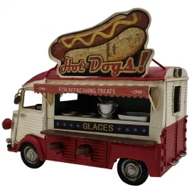 Vintage Metal Hot Dog Büfesi Kamyonet Modeli - Retro Fast Food Temalı Dekoratif Figür