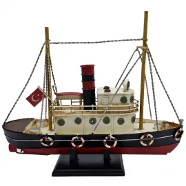 El Yapımı Türk Bayraklı Metal Gemi Modeli Dekoratif Biblo