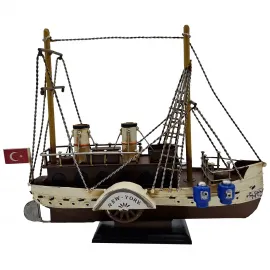 New York Steamship Nostaljik Çarklı Vapur Modeli Dekoratif Metal Biblo