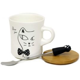 Cat Time Temalı Tahta Kapaklı Kaşıklı Kupa Bardak