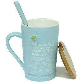 Kaşıklı Tahta Kapaklı Seramik Kupa Bardak 