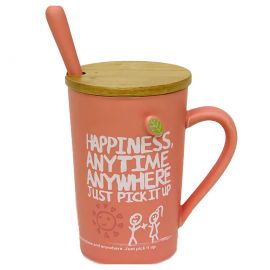 Kaşıklı Tahta Kapaklı Seramik Kupa Bardak 