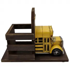 Çok Amaçlı Dekoratif Ahşap Kalemlik - Metal Okul Otobüsü ve Mini Fotoğraf Çerçevesi