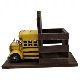 Çok Amaçlı Dekoratif Ahşap Kalemlik - Metal Okul Otobüsü ve Mini Fotoğraf Çerçevesi