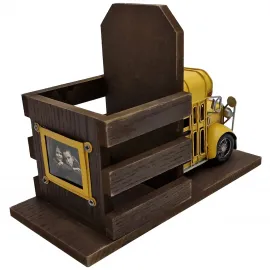 Çok Amaçlı Dekoratif Ahşap Kalemlik - Metal Okul Otobüsü ve Mini Fotoğraf Çerçevesi
