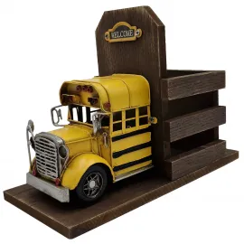 Çok Amaçlı Dekoratif Ahşap Kalemlik - Metal Okul Otobüsü ve Mini Fotoğraf Çerçevesi