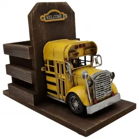 Çok Amaçlı Dekoratif Ahşap Kalemlik - Metal Okul Otobüsü ve Mini Fotoğraf Çerçevesi