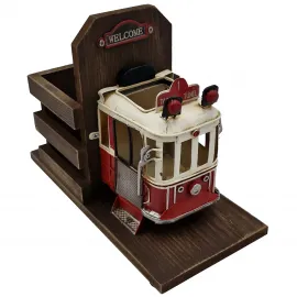 İstanbul Taksim Tramvay Temalı Dekoratif Ahşap-Metal Kalemlik - Hediyelik Masa Üstü Süsü