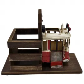 İstanbul Taksim Tramvay Temalı Dekoratif Ahşap-Metal Kalemlik - Hediyelik Masa Üstü Süsü