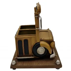 Vintage Metal Okul Otobüsü Kalemlik - Fotoğraf Çerçeveli Çok Amaçlı Ev Ofis Dekoru