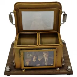 Vintage Metal Okul Otobüsü Kalemlik - Fotoğraf Çerçeveli Çok Amaçlı Ev Ofis Dekoru