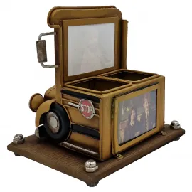 Vintage Metal Okul Otobüsü Kalemlik - Fotoğraf Çerçeveli Çok Amaçlı Ev Ofis Dekoru