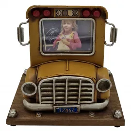 Vintage Metal Okul Otobüsü Kalemlik - Fotoğraf Çerçeveli Çok Amaçlı Ev Ofis Dekoru
