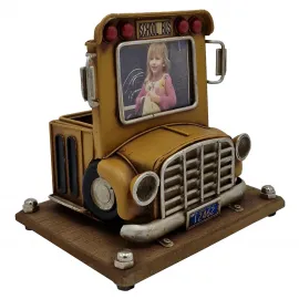 Vintage Metal Okul Otobüsü Kalemlik - Fotoğraf Çerçeveli Çok Amaçlı Ev Ofis Dekoru