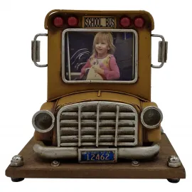 Vintage Metal Okul Otobüsü Kalemlik - Fotoğraf Çerçeveli Çok Amaçlı Ev Ofis Dekoru