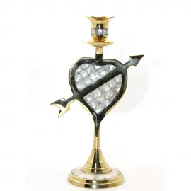 El Yapımı Pirinç Sedef İşlemeli Tekli Şamdan - 24 cm Dekoratif Kalpli Aşk Oku