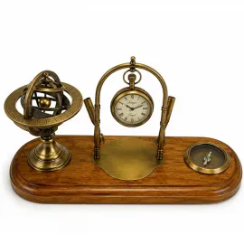 Vintage Ahşap Kaideli Astronomik Küre Pusula Masa Saati Dekoratif Ofis Masaüstü Objesi