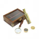 Antik Stil Ahşap Kutulu Pirinç Kaşif Seti: Pusula, El Dürbünü ve Büyüteç Keşif Kiti