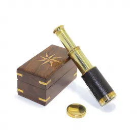 Denizci Temalı Ahşap Kutulu Pirinç El Dürbünü Teleskop: Antika Tasarım Hediyelik Obje