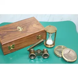 Vintage Denizci Temalı Ahşap Kutulu Pirinç Pusula, Kumsaati ve Dürbün Hediye Seti