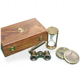 Vintage Denizci Temalı Ahşap Kutulu Pirinç Pusula, Kumsaati ve Dürbün Hediye Seti