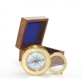 Vintage Ahşap Kutulu Pirinç Mercekli Pusula | Dekoratif Denizci Hediye
